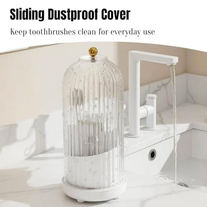 JEESA Dustproof Toothbrush Holder Organizer with Drainage, White | Sliding Door Cover, 360 Rotating, 3 Slots, Bathroom Countertop