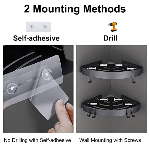 DUFU Adhesive Corner Shower Caddy with Hooks, Black, 2 Pack | Bathroom Shower Organizer, No Drilling, Rust Proof Aluminum Shower Shelf For Inside Shower