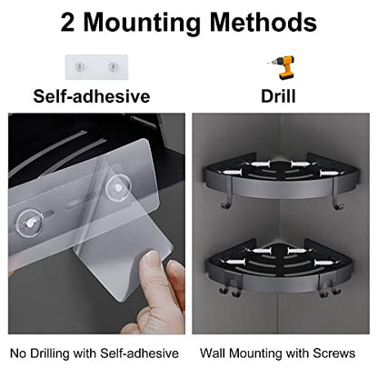 DUFU Adhesive Corner Shower Caddy with Hooks, Black, 2 Pack | Bathroom Shower Organizer, No Drilling, Rust Proof Aluminum Shower Shelf For Inside Shower