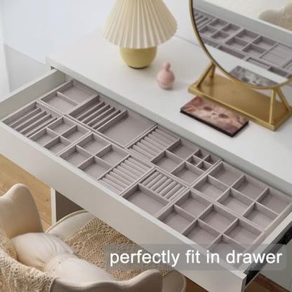 10 Pack Jewelry Organizer Tray Drawer Inserts Stackable Velvet Liner Dividers Customizable Jewellery Box Foam Ring Earring Holder Necklace Bracelet Storage Display Dish Flat in Dresser Vanity