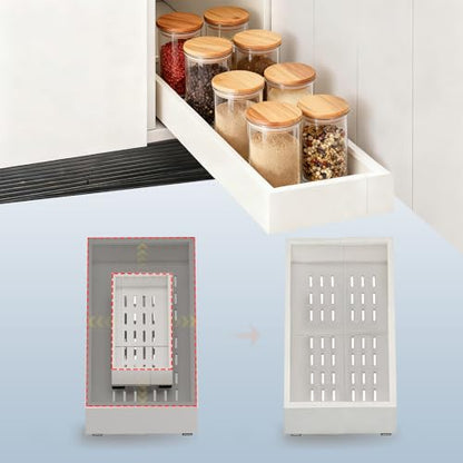 Pull out Cabinet Organizer,7"-11"W, 17"-24"D,Expandable,Adhesive | No Drill,Adjustable Slide out Drawers for Kitchen,Pantry,Roll out Shelves,for Cabinets Without Lip,Bathroom,White,1PC