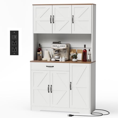 GRUSIGN 71" Pantry Cabinet with Charging Station, Large Capacity Kitchen Hutch Storage Cabinet, Kitchen Cabinet with Microwave Stand, Storage Drawers & Adjustable Shelves for Dining Room, White