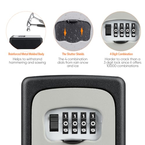 Key Lock Box Wall Mounted, Fayleeko 4 Digit Combination Lockbox for Outside, House Keys - 5 Keys Capacity, Key Safe Security Storage Lock Box for Indoor, Outdoor, Garage, Garden, Store (Grey, 1Pack)