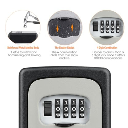 Key Lock Box Wall Mounted, Fayleeko 4 Digit Combination Lockbox for Outside, House Keys - 5 Keys Capacity, Key Safe Security Storage Lock Box for Indoor, Outdoor, Garage, Garden, Store (Grey, 1Pack)