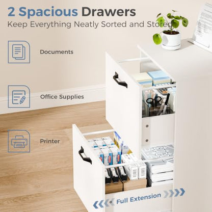 DUMOS 2 Drawer Filing Cabinet, Rolling Under Desk Storage, White | Not for Hanging Files, Printer Stand, Lockable Wheels, Mobile Wood Home Office Organizer