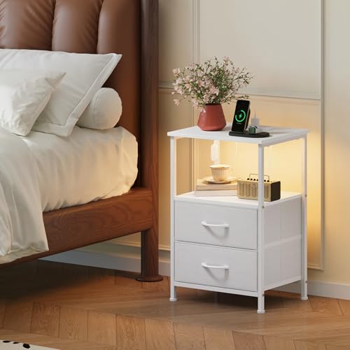 Somdot Nightstand with 2 Drawers, Charging Station & LED Light | Fabric-Bin Dresser for Bedroom, Bedside, Kids Room, Dorm, Closet, Laundry and Entryway, White