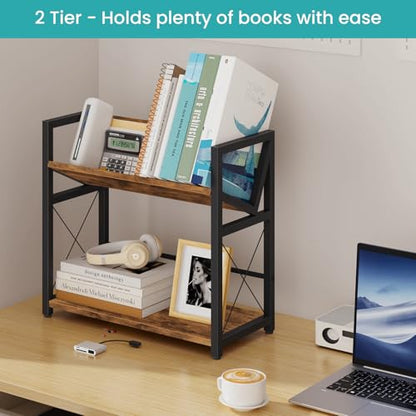 Desktop Bookshelf, 2 Tier Desk Shelf Organizer, Wooden Tabletop Bookcase, Small Desk Top Book Rack for Office, Home, Bedroom, Small Space Storage and Display, Rustic Brown
