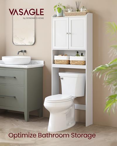 VASAGLE Over the Toilet Storage Cabinet, Adjustable Shelves, Space-Saving | Bathroom storage cabinet with doors, Modern, Cloud White, 7.9 x 24.6 x 66.9 Inches, UBTS008WH01S
