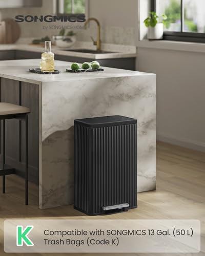 SONGMICS Trash Can, 13 Gallon (50 L) Garbage Can for Kitchen, with Lid, Pedal, and Removable Inner Bucket, Soft Close, Stainless Steel, 15 Trash Bags (Code K) Included, Ink Black ULTB586BZ01