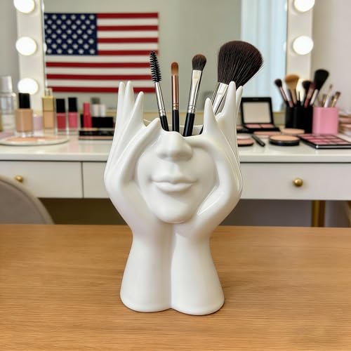 Decorative Face Makeup Brush Holder, White Ceramic Sculpture Design, 7x4.7 Inch, Cosmetic Organizer for Vanity