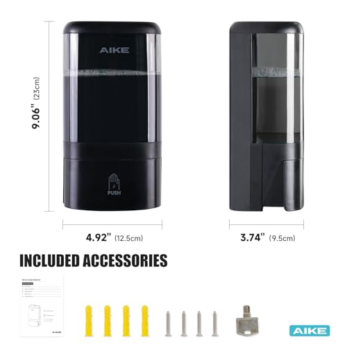 AIKE Liquid Commercial Soap Dispenser,40oz Capacity for Bathroom Black | Screw Wall Mount Install Design for Space-Saving,Transparent Pot with Key and Large Capacity for Commercial Bathroom,AK1007