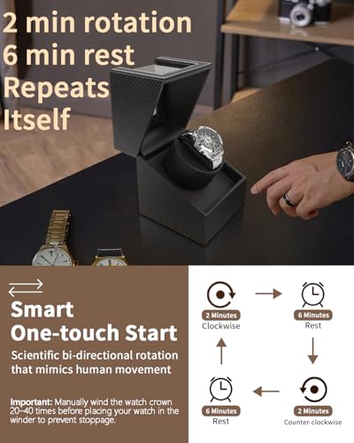 Watch Winder for Automatic Watches: Automatic Single Watch Winder Box | Japanese Quiet Motor, Anti-Magnetic Design, USB-C or Battery Power, Adjustable Pillow, Black Carbon Fiber, Gift for Men