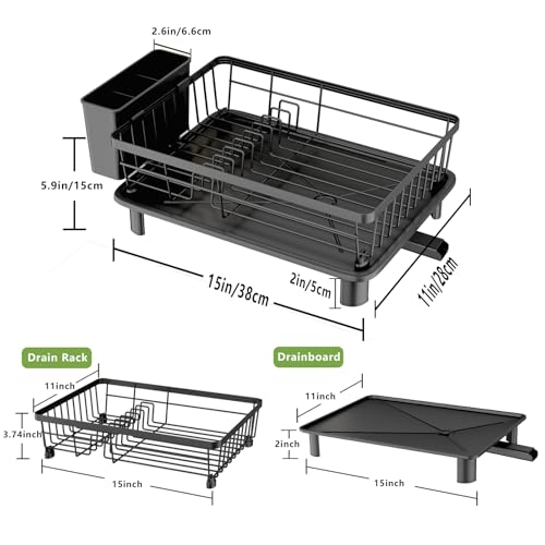 Dish Drainer Rack with Drip Tray, Sink Dish Drainer with Drainage Spout, Stainless Steel Dish Drying Rack with Cups, Utensil & Cutting Board Holders for Kitchen Counter Space-Saving, Black