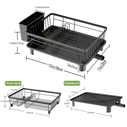 Dish Drainer Rack with Drip Tray, Sink Dish Drainer with Drainage Spout, Stainless Steel Dish Drying Rack with Cups, Utensil & Cutting Board Holders for Kitchen Counter Space-Saving, Black