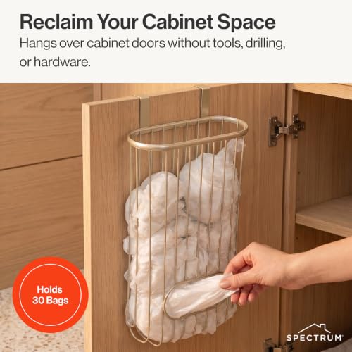 Spectrum Ashley Over The Cabinet Plastic Bag Holder (Satin Nickel Powder Coat) - Grocery & Recycling Bag Dispenser for Kitchen, Bathroom, Under Sink, Home, & Apartment Organization
