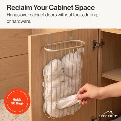 Spectrum Ashley Over The Cabinet Plastic Bag Holder (Satin Nickel Powder Coat) - Grocery & Recycling Bag Dispenser for Kitchen, Bathroom, Under Sink, Home, & Apartment Organization