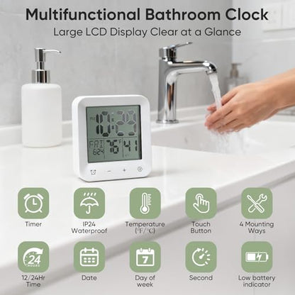 Bathroom Clock Waterproof Shower Timer, Digital Wall Clock with Countdown, Touch Screen, LCD Display, Temperature, Suction Cup/Hanging Hole/Stand, Spa Sauna I White