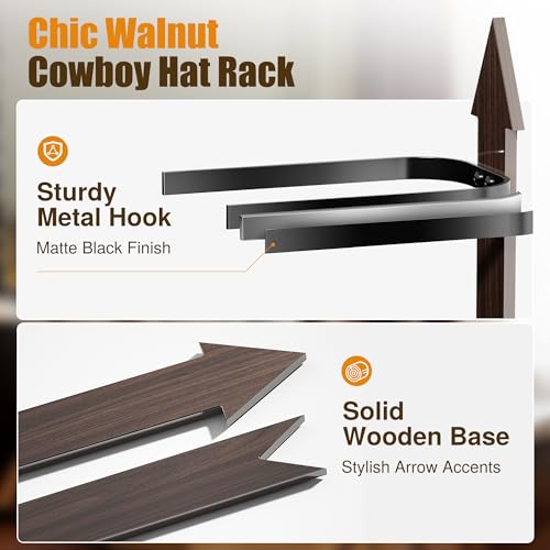 Cowboy Hat Rack Wall Mount - Rustic Wooden Western Metal Cowboy Hat Holder & Hanger Organizer with Arrow Sign Board for Bedroom, Hallway & Doorway - Holds 4 Hats, Fedora, Sun Hats, Gift for Him