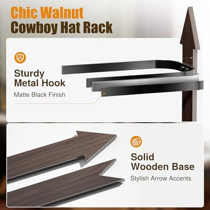 Cowboy Hat Rack Wall Mount - Rustic Wooden Western Metal Cowboy Hat Holder & Hanger Organizer with Arrow Sign Board for Bedroom, Hallway & Doorway - Holds 4 Hats, Fedora, Sun Hats, Gift for Him