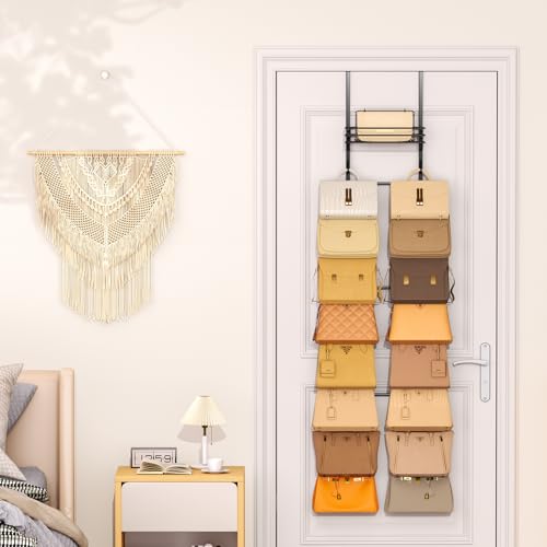 Over the Door Purse Organizer - Wall Mounted Handbag Organizer with 16 Hooks and Metal Basket, Hanging Purse Storage Rack Holds up to 16 Bags, Bag Rack Can Use As 1/2 Part, for Door, Closet