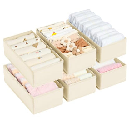 DIMJ Drawer Organizer Clothes - Underwear Organizer Small Sock Organizer Closet Organizers and Storage Box Dresser Drawer Dividers for Baby Clothes,Bra,Socks, Belt, Tie, Set of 6,Beige
