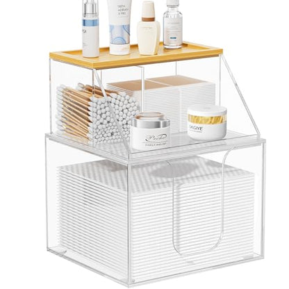 Acrylic Disposable Face Towel Holder, Clean Container for Skin Club, Clear | Bathroom Facial Towels Box for XL Clean Skin Club, Face Towels Wipes Cotton Pads Q-tip Holder for Bathroom, Bamoo Lid