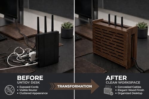 Jacob & Lane Decorative WiFi Box Hider - Bamboo Router and Modem Storage - Wall Mountable Wooden Shelf to Hide Router Modem Box with Cable Management (Up to 11" Tall) (Espresso)