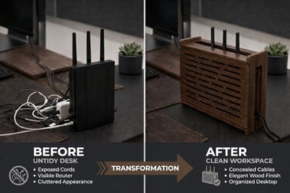 Jacob & Lane Decorative WiFi Box Hider - Bamboo Router and Modem Storage - Wall Mountable Wooden Shelf to Hide Router Modem Box with Cable Management (Up to 11" Tall) (Espresso)