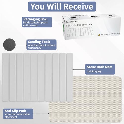 Foldable Stone Bath Mat, Diatomaceous Earth Stone Drying Mats for Bathroom | Quick Dry, Super Absorbent, Non Slip, Dish Drying Mat for Kitchen Counter, 23.5 x 15.4in, White