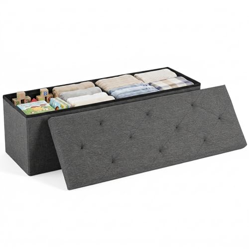 43 Inch Folding Storage Ottoman Bench, Large Ottom... (Natural Grey | Linen Fabric)