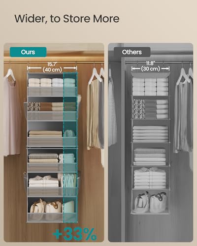SONGMICS Hanging Closet Organizer, 6-Tier Fabric Storage Shelf, Separable Closet Hanging Shelf with Side Pockets, Foldable, Metal Hooks and Bamboo Inserts, Dove Gray URCH007G01