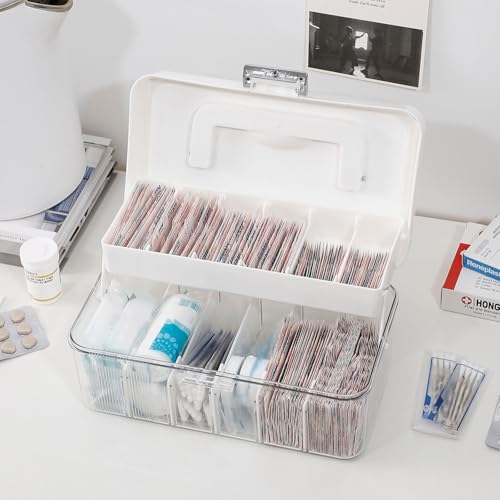 Plastic Bandages Organizer with Lid and Adjustable Dividers | Clear First Aid Bandage and Tapes Storage Container, For Home Office, Bathroom Medicine Cabinet, Ointments, Medical Wrap