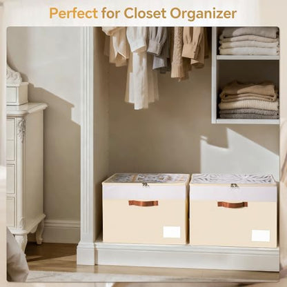 Shoe Organizer for Closet, 2 Pack Foldable Shoe Storage Organizer Box Bin with Adjustable Dividers and Clear Cover, Closet Shoe Storage for Sneakers Sandals Boots, Fit 16-32 Pairs, Beige