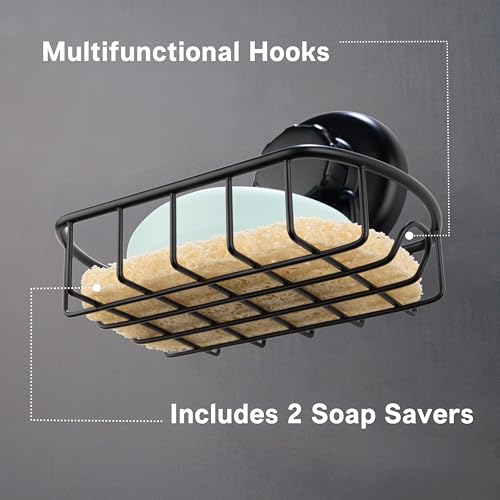 HASKO 2 Pack Suction Cup Soap Dish for Shower Wall, Rustproof Stainless Steel, Shower Soap Holder with Hooks, Includes Optional No Drill Adhesive Mount for Bathroom, 2 Soap Savers, Black