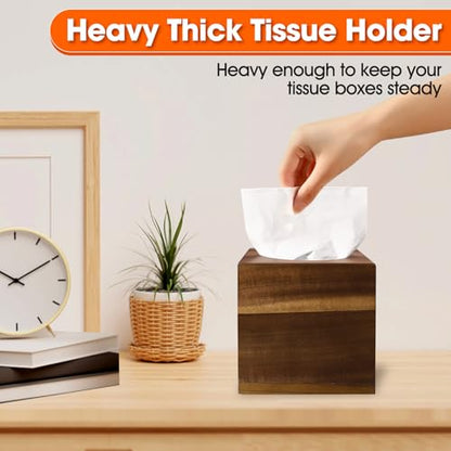 2 Pack Wooden Tissue Box Cover Square - Acacia Wood Tissue Box Holder for Tabletop Stands Bathroom Office- Decorative Facial Wood Tissue Box Cover for Modern Farmhouse Decor-Standard Walnut Color