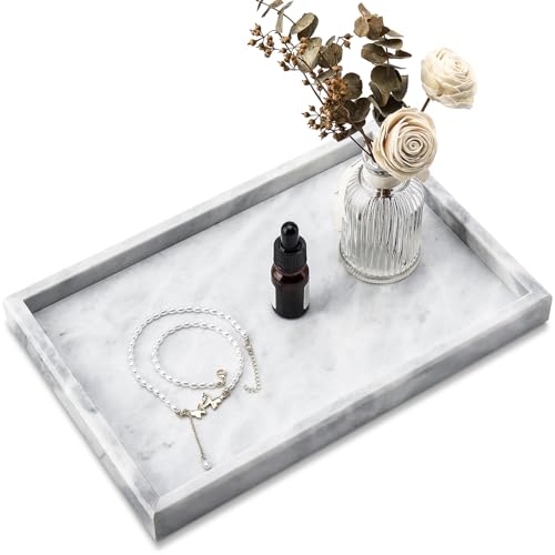 Real Natural Marble Tray for Bathroom, Vanity, Kitchen Counter & Desktop | Rectangle Genuine Stone Marble for Home Decor - Ideal for Jewelry, Cosmetics, Candles, Lotion & Perfume Display