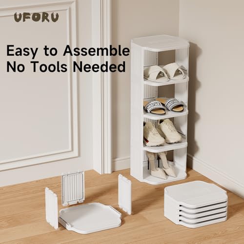 UFORU 5-Tier Small Vertical Shoe Rack,Plastic Shoe Organizer,Narrow Spaces | White Free-Standing Stackable Design for Closets,Entryways,Dorms and Corners,Tool-Free Assembly,Vertical Shoe Rack Tower