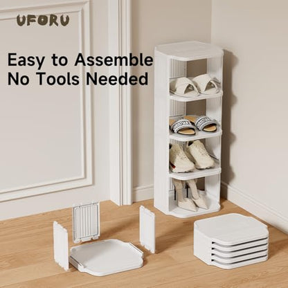 UFORU 5-Tier Small Vertical Shoe Rack,Plastic Shoe Organizer,Narrow Spaces | White Free-Standing Stackable Design for Closets,Entryways,Dorms and Corners,Tool-Free Assembly,Vertical Shoe Rack Tower