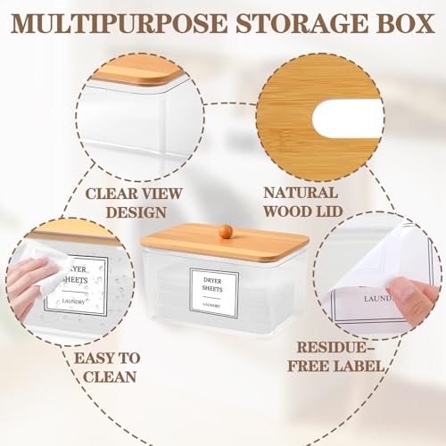 Dryer Sheet Holder, Clear Dryer Sheet Dispenser with Bamboo Lid | 16 Labels and Scoops, Dryer Ball Storage, Clothespin Holder, Laundry Pod Holder, Countertop Organizer for Laundry Rooms