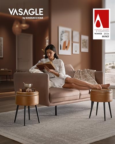 VASAGLE EKHO Collection - Storage Ottoman, Vanity Chair Stool, Synthetic Leather with Stitching, Mid-Century Modern, Round Storage Seat with Steel Legs, Loads 330 lb, Caramel Brown ULOM005KN08