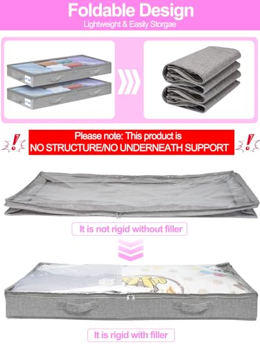 punemi 4 inch High Soft Low Profile Under Bed Storage Bins, 2 Pack, Grey | Foldable Clothes Storage Bag with Zippers & Clear Top, Shallow Design for Under Cabinet, Sofa, Crib & Bed Storage