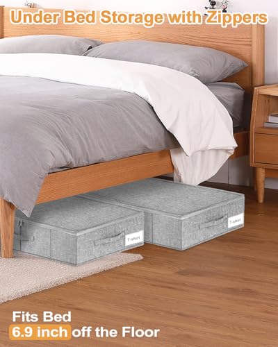 punemi 6.7 in Tall Sturdy Under Bed Storage Container with Lid, 2Pack, Gray | Stackable Clothes Storage Bag with Rigid Side and Bottom , for Blankets, Bedding& Shoes, Closet, Dorm & Bedroom Organization