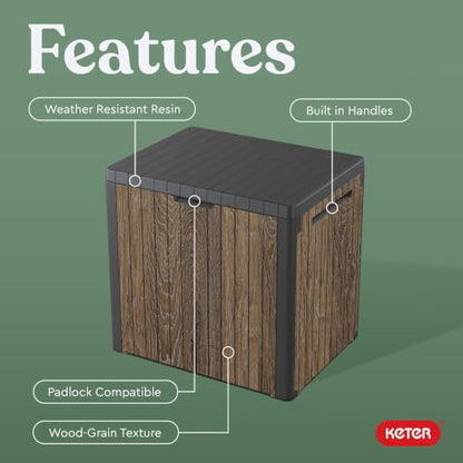 Keter Premium Everwood 30 Gal Outdoor Storage Box and Patio Side Table | Walnut, Resin, Compact, Weatherproof, Lockable, Durable, Easy Assembly, Organization, Patio Cushions Storage