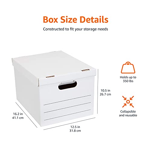 Amazon Basics Storage/Filing Boxes with Lift-Off Lid, Letter/Legal Size, Collapsible, Tape-Free Assembly, White, 16.2" L x 12.5" W x 10.5" H, 20-Pack