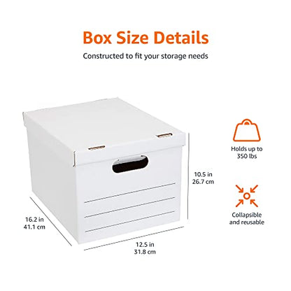 Amazon Basics Storage/Filing Boxes with Lift-Off Lid, Letter/Legal Size, Collapsible, Tape-Free Assembly, White, 16.2" L x 12.5" W x 10.5" H, 20-Pack