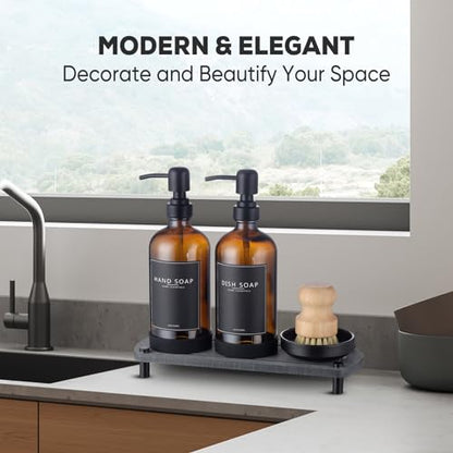 Kitchen Soap Dispenser Set with Instant Dry Tray,16 Oz Hand and Dish Soap Amber Glass Dispenser Set,Stainless Steel Pump,Waterproof Labels&Dish Brush,Luxury Soap Bottle for Kitchen,Bathroom