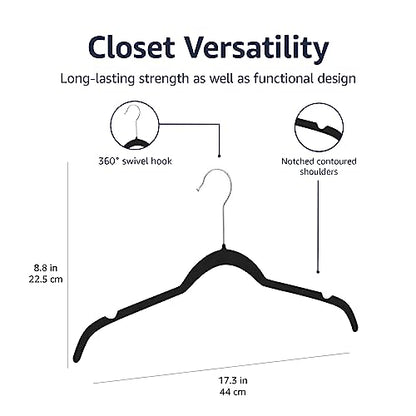 Amazon Basics Space-Saving Slim Velvet Non-Slip Clothes Hangers for Closet Organization with Shoulder Notches, Black/Silver, 30-Pack