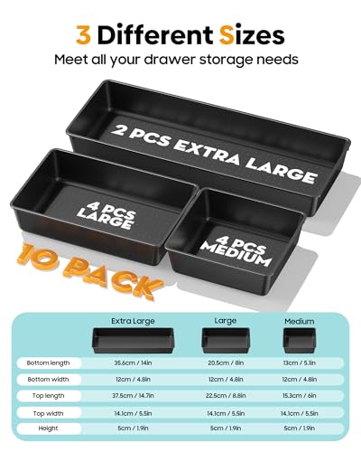 10 Pack Large Size Plastic Drawer Organizers Set, 3 Sizes Desk Drawer Organizer Trays, Storage Bins for Vanity, Makeup, Bathroom, Kitchen Utensils and Office (Black)