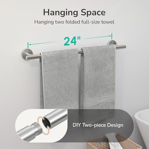 Brushed Nickel Towel Bar, 24-Inch Towel Racks for Bathroom | Thicken SUS304 Stainless Steel Towel Rod, Towel Holder Wall-Mounted, Modern Home Decor (Total Length 26-Inch)