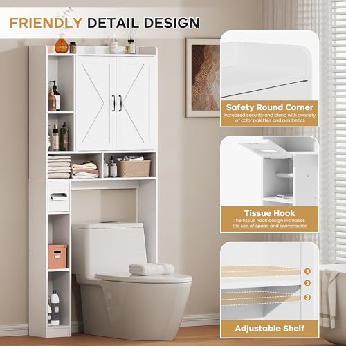 Over the Toilet Storage Cabinet, 31”W Bathroom Organizer | With Double Doors, Above Toilet Rack, Detachable Toilet Paper Holder for Bathroom & Laundry Room White